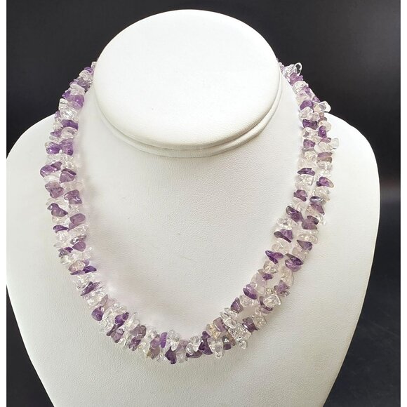 Amethyst & Clear Quartz Chip Bead Necklace Double Strand 24" HS188 - Picture 3 of 8
